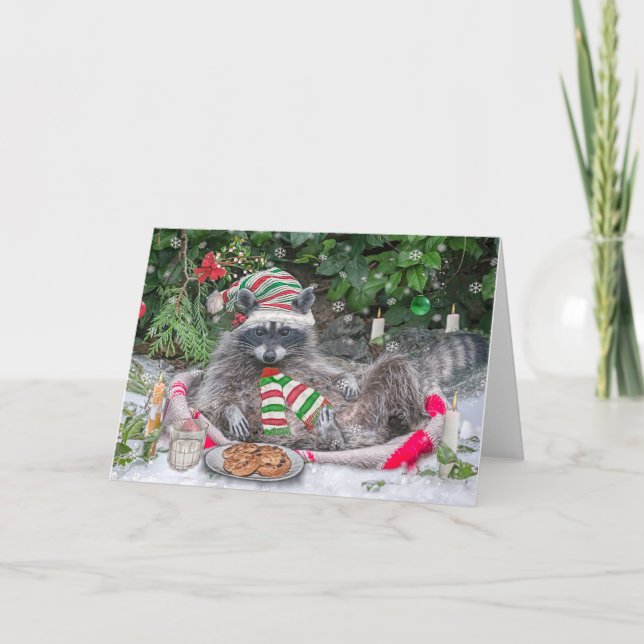 Raccoon Milk and Cookies Holiday Card (Front)