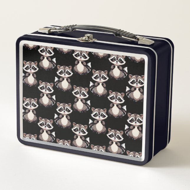 Raccoon Pattern Design Black  Metal Lunch Box (Front)