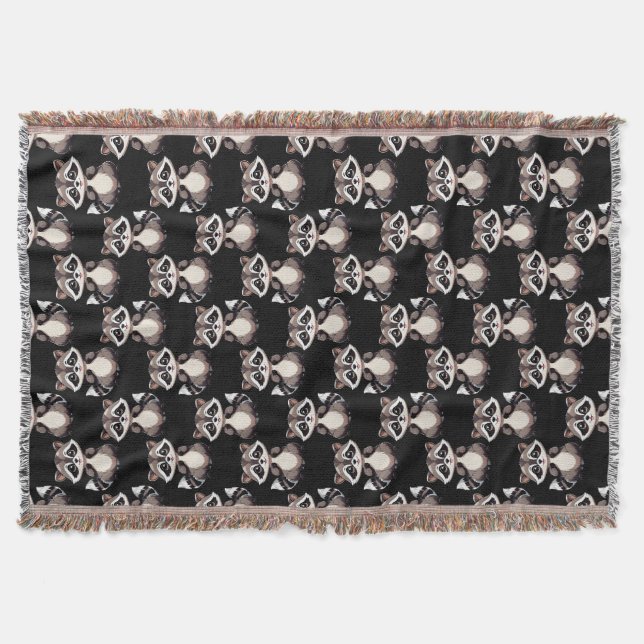 Raccoon Pattern Design Black  Throw Blanket (Front)