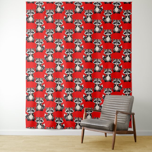 Raccoon Pattern Design Red  Tapestry (In Situ)