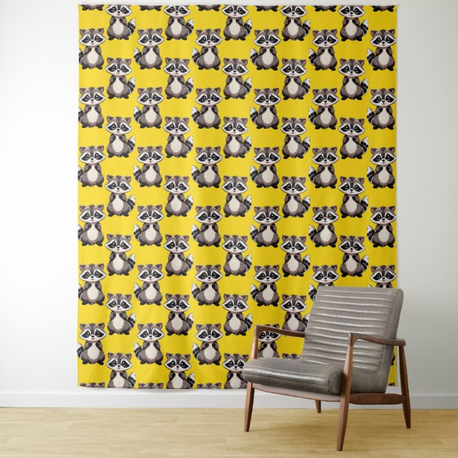 Raccoon Pattern Design Yellow  Tapestry (In Situ)
