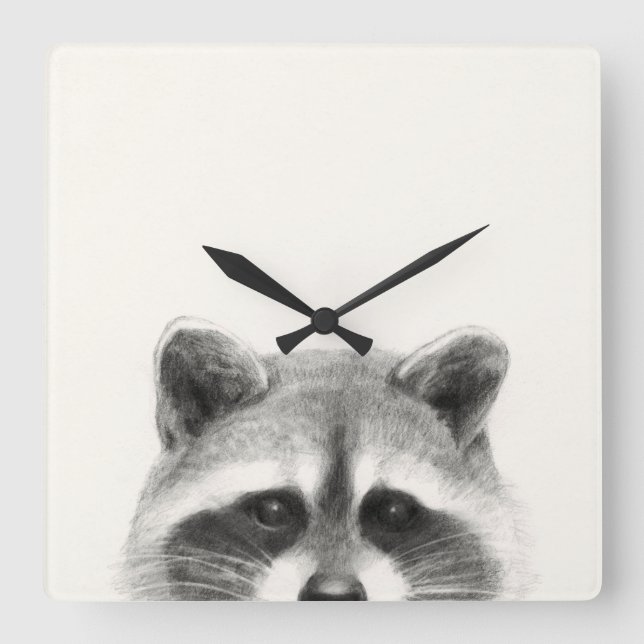 Raccoon Pencil Drawing Square Wall Clock (Front)