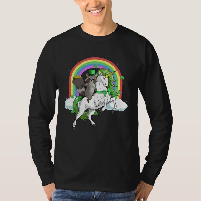 Raccoon Riding Lepricorn Unicorn   St Patricks Day T-Shirt (Front)