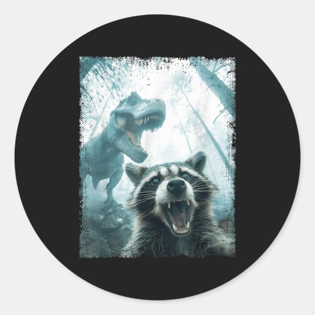Raccoon Selfie With Tyrannosaurus T Rex Adventure  Classic Round Sticker (Front)
