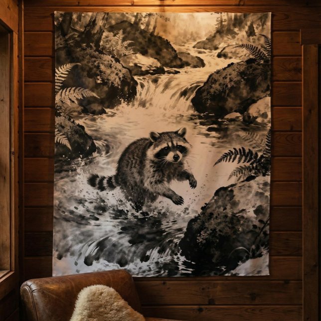 Raccoon Stream Tapestry | Forest Wildlife Art  (Creator Uploaded)