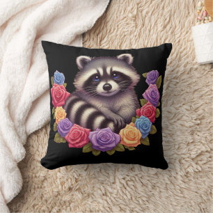 Raccoon Surrounded by Vibrant Colorful Roses  Cushion