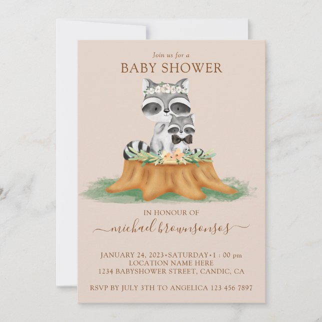 Raccoon Watercolor Mommy Baby Boy Shower beige Invitation (Front)