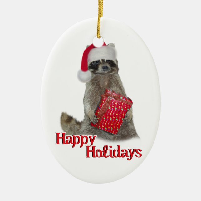  Raccoon with Christmas Present  Ceramic Tree Decoration (Front)