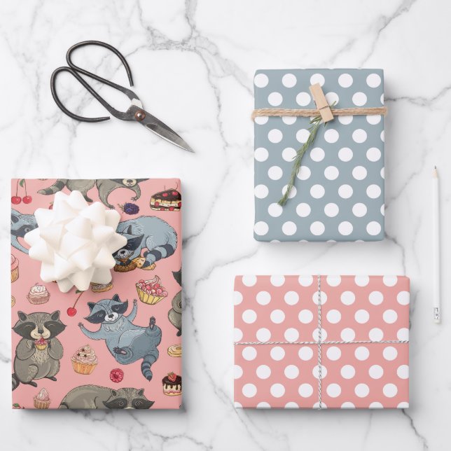 Raccoons and Desserts Wrapping Paper Set (Front)