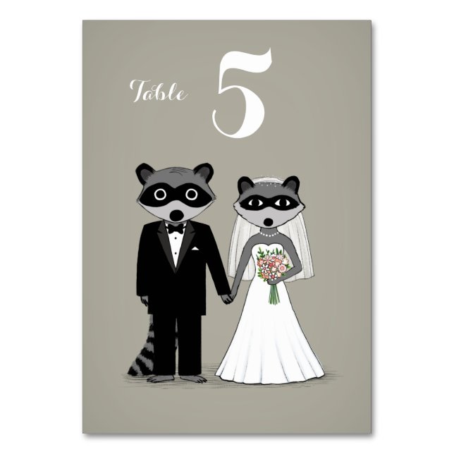 Raccoons Bride and Groom Wedding Reception Table Number (Front)