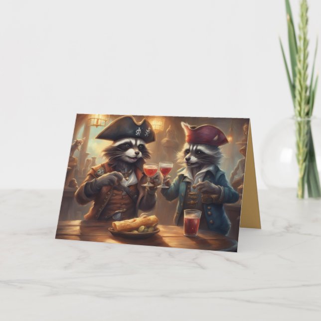 Raccoons in a bar celebrating Happy Birthday Holiday Card (Front)