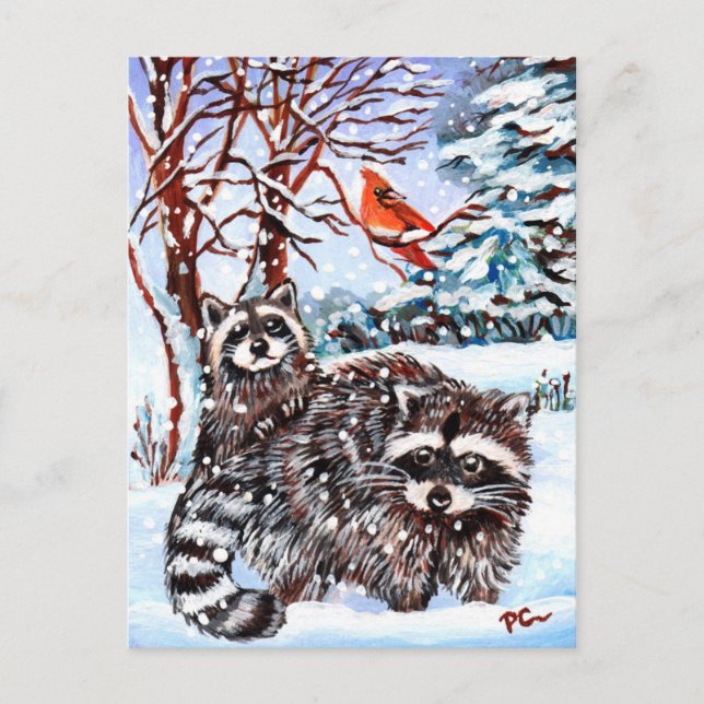 Raccoons in the Snow Postcard (Front)