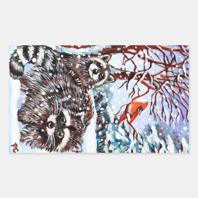 Raccoons in the Snow Rectangular Sticker (Front)
