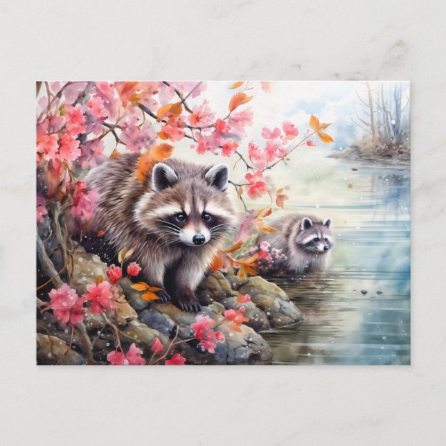 Raccoons  near autumn pond scene holiday postcard (Front)