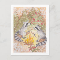 Raccoons Roasting Marshmallows Holiday Postcard