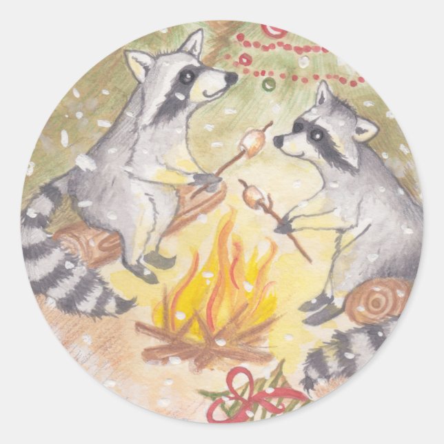Raccoons Roasting Marshmallows Holiday Stickers (Front)