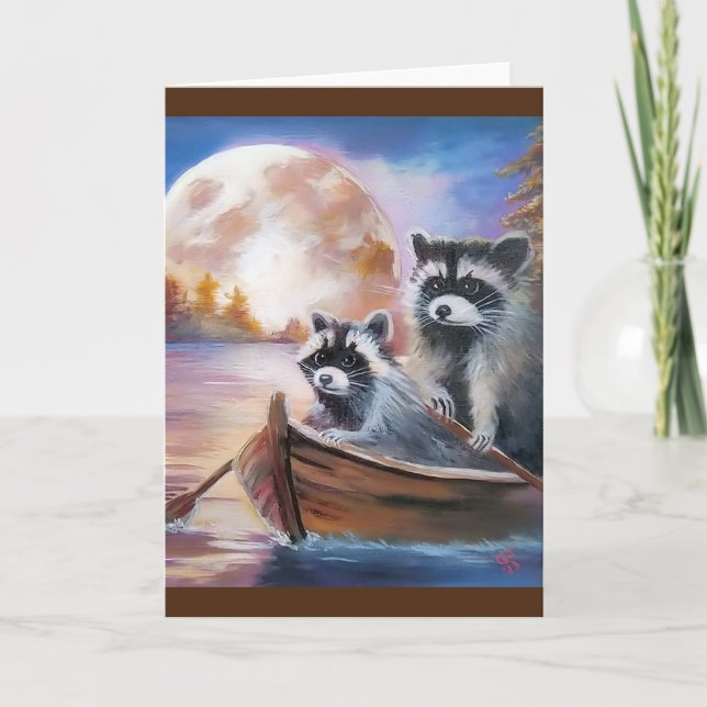 RACCOONS ROWING BOAT BLANK GREETING CARD (Front)