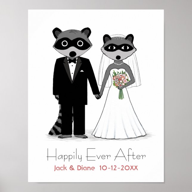 Raccoons Wedding Bride and Groom with Custom Text Poster (Front)