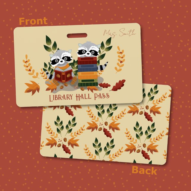 Raccoons with Books Library Hall Pass Badge ID Badge (Front and back view of the hall pass badge .)