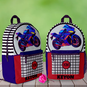 Race Bike Gingham Custom Name Left-Handed School  Printed Backpack