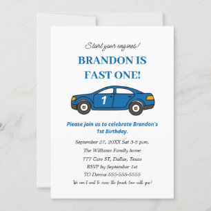 Race Car 1st Birthday Boy Blue Kids Invitation