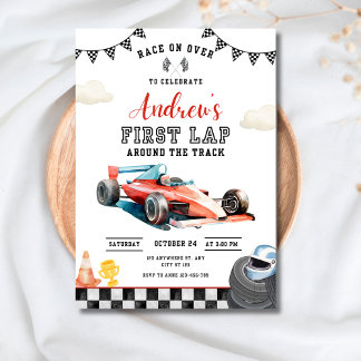 Race Car 1st Birthday First Lap Racing Cars Party Invitation