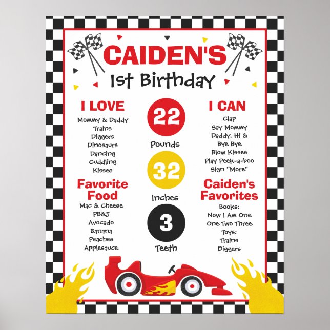 Race Car 1st Birthday Party Milestone  Poster (Front)