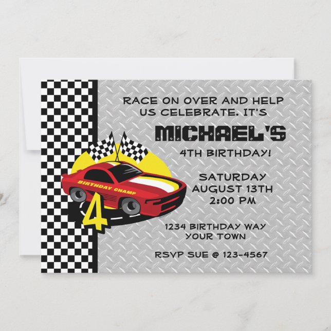 Race Car 4th Birthday Party Invitation (Front)