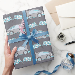 Race Car and Flags Blue Pattern Kids Wrapping Paper