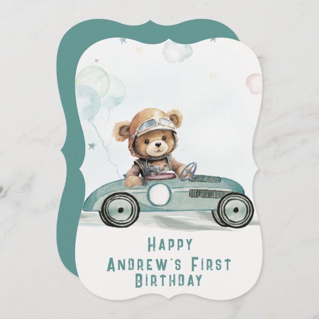 Race Car Baby Bear 1st Birthday Card (Front/Back)