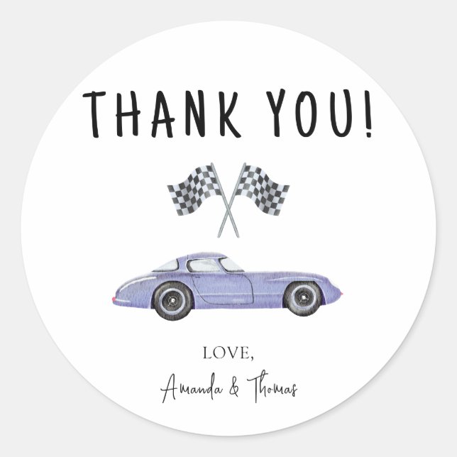 Race car Baby Shower - thank you Classic Round Sticker (Front)