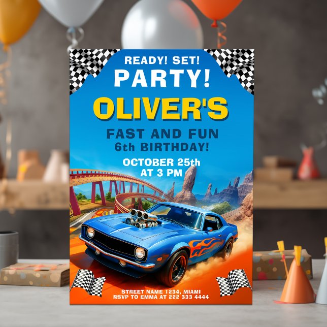 Race Car Birthday, Blue Muscle Car Party Invitation (Creator Uploaded)