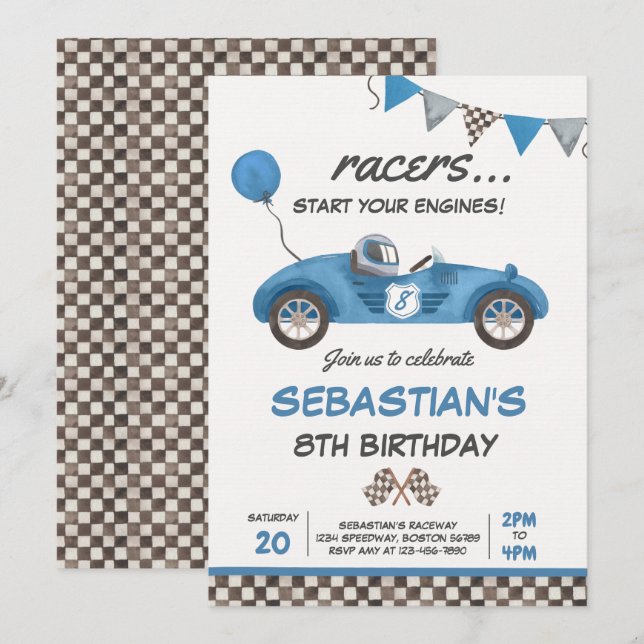 Race Car Birthday Blue Racing Track Birthday Party Invitation (Front/Back)