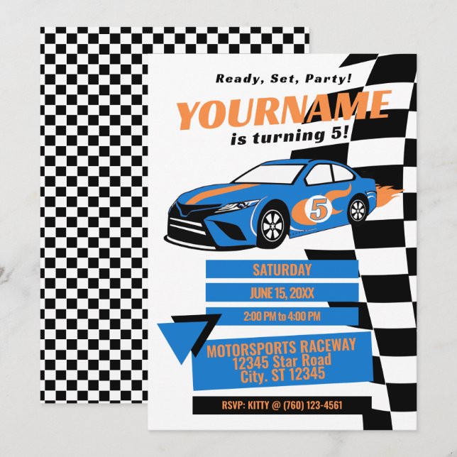 Race Car Birthday Invitation (Blue) (Front/Back)