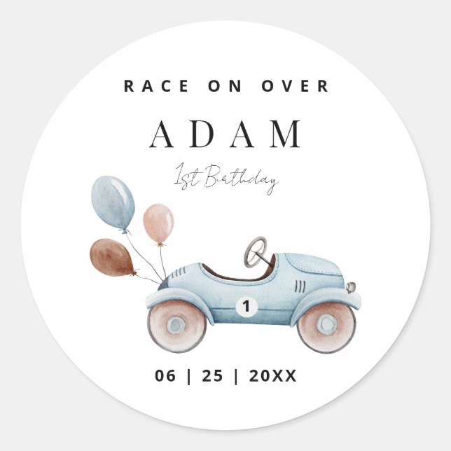 Race Car Birthday Invitation, Fast One Birthday  Classic Round Sticker (Front)