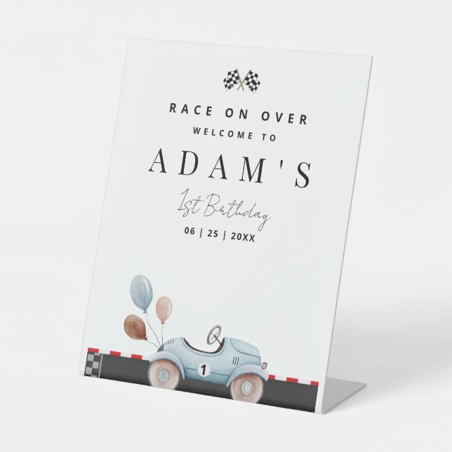 Race Car Birthday Invitation, Fast One Birthday  Pedestal Sign (Front)
