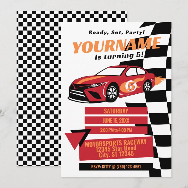 Race Car Birthday Invitation (Red) (Front/Back)