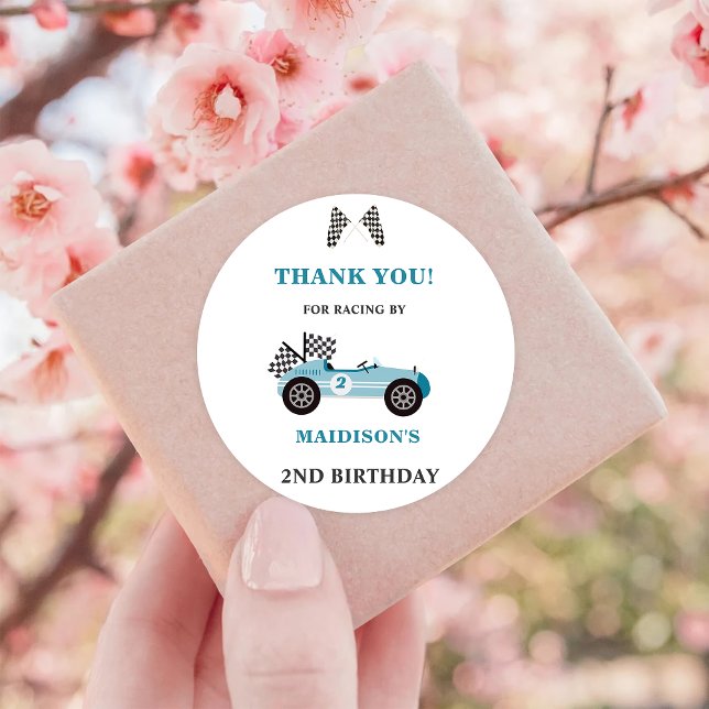 Race Car Birthday Party Classic Round Sticker (Creator Uploaded)
