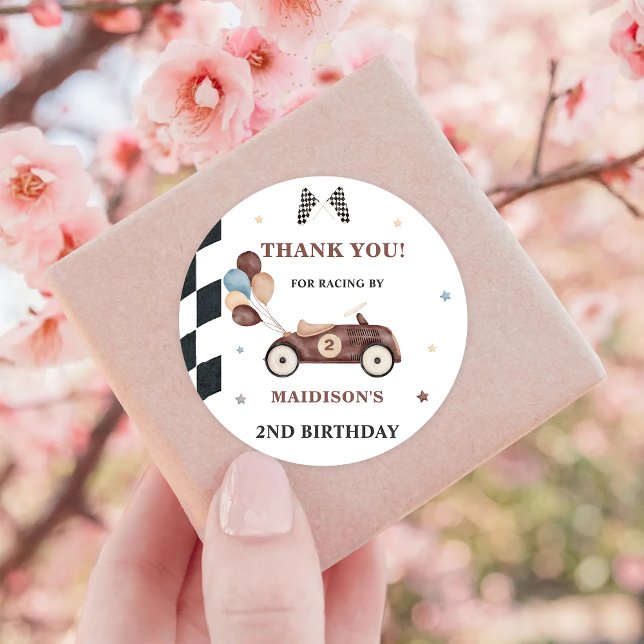 Race Car Birthday Party Classic Round Sticker (Creator Uploaded)