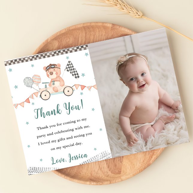 Race Car Birthday Party Photo Thank You Card (Creator Uploaded)