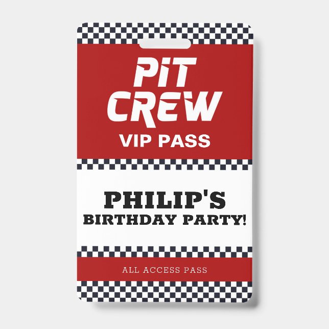 Race Car Birthday Party Pit Crew VIP Pass ID Badge (Front)
