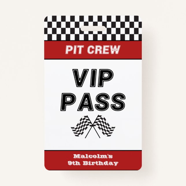 Race Car Birthday Party Pit Crew VIP Pass Pit Stop ID Badge (Front)