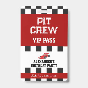 Race Car Birthday Party Vip Pass Pit Crew ID Badge