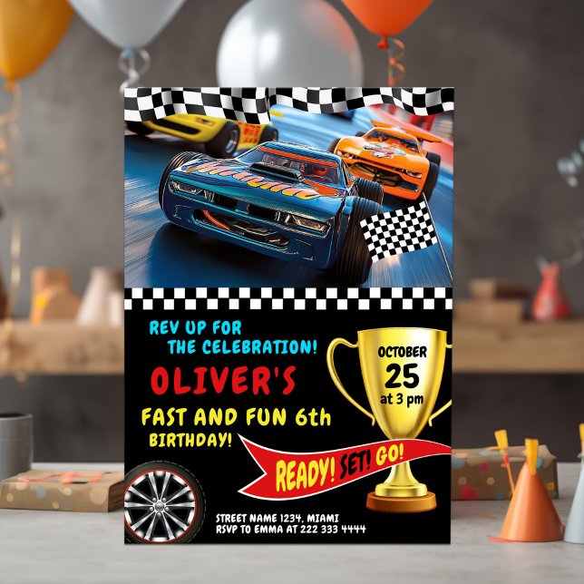 Race Car Birthday Party with Trophy & Flags Invitation (Creator Uploaded)
