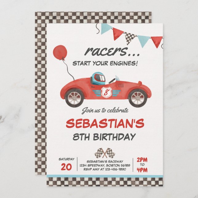 Race Car Birthday Red Racing Track Birthday Party Invitation (Front/Back)