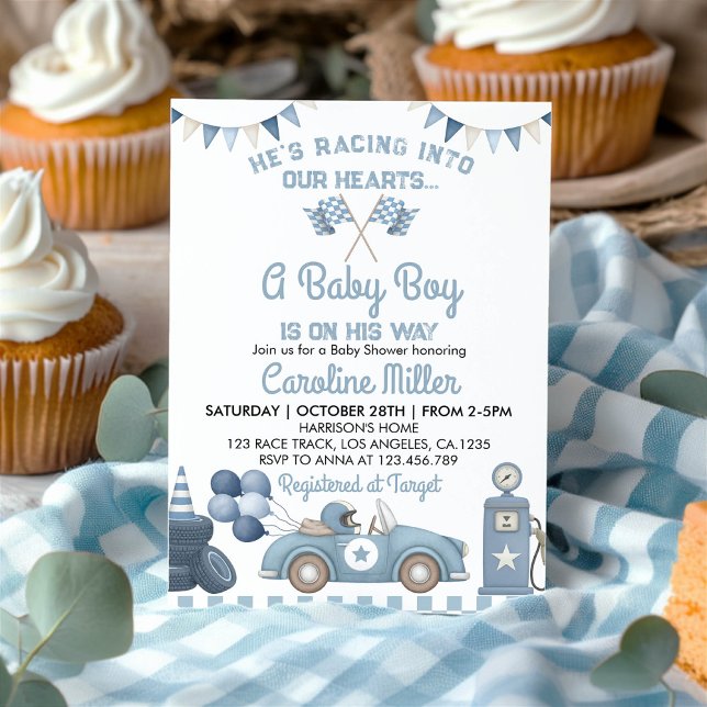 Race Car Blue Boy Baby Shower Invitation (Creator Uploaded)