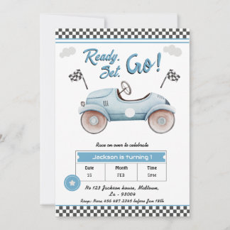Race Car blue vintage Ready set go 1st birthday Invitation