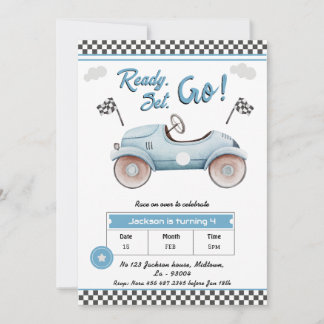 Race Car blue vintage Ready set go 4th birthday Invitation