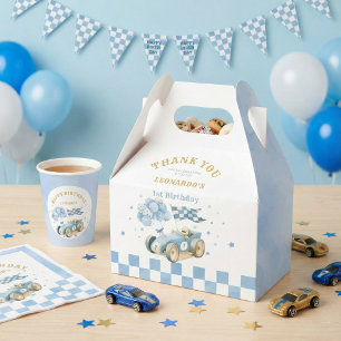 Race Car Blue Watercolor Boy First Birthday Favour Box