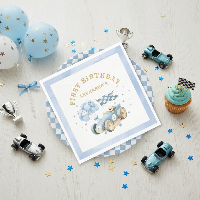 Race Car Blue Watercolor Boy First Birthday Napkin (Creator Uploaded)